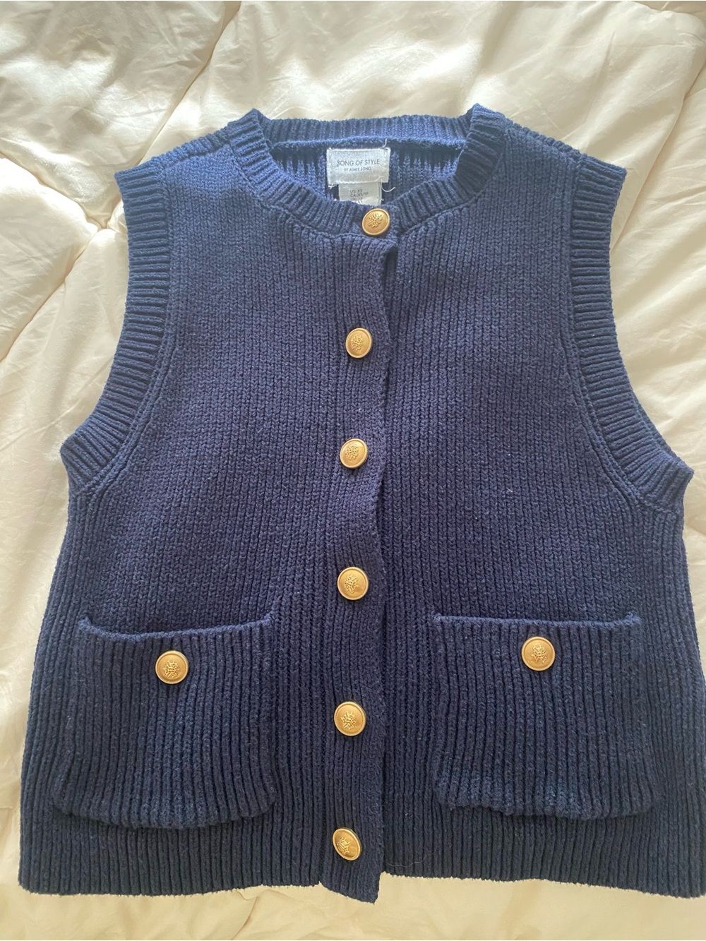 Song of Style Navy Ribbed Knit Button-Front Vest with Gold Buttons